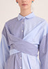 Paisie Contrast Stripe Wrap Shirt Dress in Blue and White Close Up